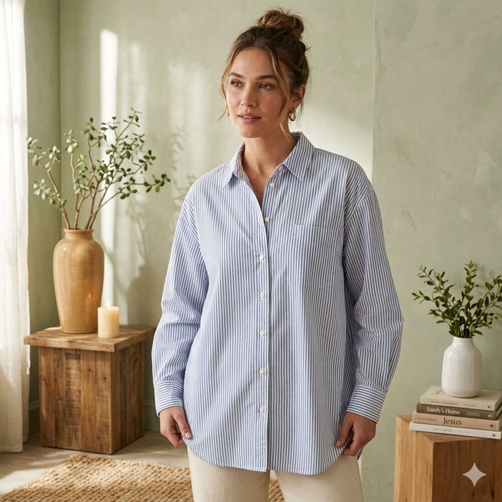 Universal Thread Button Up Shirt Womens L Blue White Striped Oversized Cotton